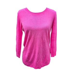 J. Crew Womens 100% Linen Crew Neck‎ 3/4 Sleeve Sweater Top Hot Pink Size Small